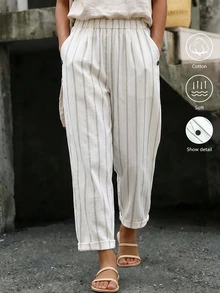 EMERY ROSE Plus Size Women's Casual Pure Cotton Solid Color Long Pants With Pockets And Button Closure - White - View 7