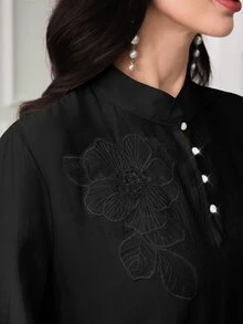 Mulvari Arab Style Women's Loose Fit Long Sleeve  Formal Evening  Buttoned Black Dress With Applique, Stand Collar, And Mesh Patchwork Fall Cloth - Black - View 8