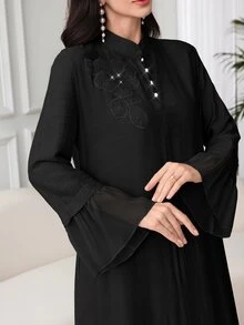 Mulvari Arab Style Women's Loose Fit Long Sleeve  Formal Evening  Buttoned Black Dress With Applique, Stand Collar, And Mesh Patchwork Fall Cloth - Black - View 3