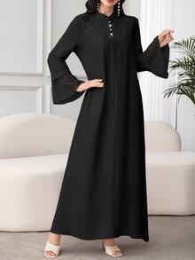 Mulvari Arab Style Women's Loose Fit Long Sleeve  Formal Evening  Buttoned Black Dress With Applique, Stand Collar, And Mesh Patchwork Fall Cloth - Black - View 7