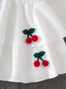 SHEIN Young Girl Summer Cute Vacation Style Multi-Layer Ribbed Knit Camisole And Paper Bag Waist Tiered Skirt Set With Cherry Pom Pom Decor 7th Birthday - Red - View 6