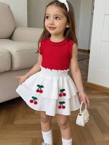 SHEIN Young Girl Summer Cute Vacation Style Multi-Layer Ribbed Knit Camisole And Paper Bag Waist Tiered Skirt Set With Cherry Pom Pom Decor 7th Birthday - Red - View 5