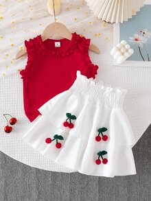 SHEIN Young Girl Summer Cute Vacation Style Multi-Layer Ribbed Knit Camisole And Paper Bag Waist Tiered Skirt Set With Cherry Pom Pom Decor 7th Birthday - Red - View 4