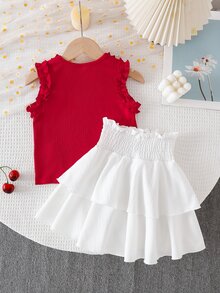 SHEIN Young Girl Summer Cute Vacation Style Multi-Layer Ribbed Knit Camisole And Paper Bag Waist Tiered Skirt Set With Cherry Pom Pom Decor 7th Birthday - Red - View 2