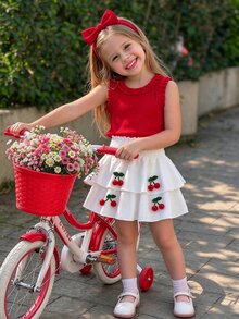 SHEIN Young Girl Summer Cute Vacation Style Multi-Layer Ribbed Knit Camisole And Paper Bag Waist Tiered Skirt Set With Cherry Pom Pom Decor 7th Birthday - Red - View 1