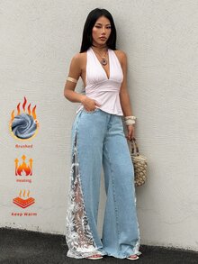 Rivivi 蕾絲拼接透視休閒寬鬆牛仔寬腿褲 - 淺色水洗藍 - 查看 6