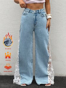 Rivivi 蕾絲拼接透視休閒寬鬆牛仔寬腿褲 - 淺色水洗藍 - 查看 4