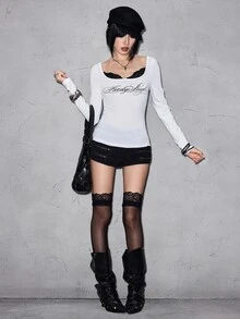ROMWE Autumn/Winter Y2K Hot Girl Slogan Cursive Print Contrast Lace 2 In 1 Fitted Sheer Top - White - View 1