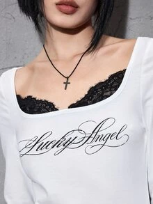 ROMWE Autumn/Winter Y2K Hot Girl Slogan Cursive Print Contrast Lace 2 In 1 Fitted Sheer Top - White - View 2
