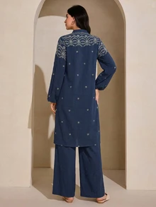 Graceveil Embroidered Loose Jacket And Long Pants Daily Women's Arabic Costume Set - Royal Blue - View 3