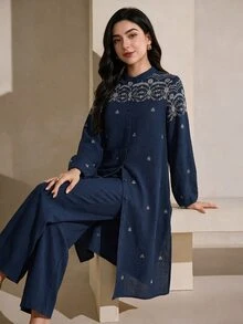 Graceveil Embroidered Loose Jacket And Long Pants Daily Women's Arabic Costume Set - Royal Blue - View 2