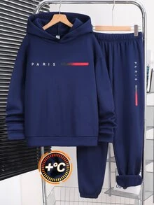 SHEIN 2件組青少年男孩海軍藍保暖內裡連帽衛衣與圖案印花慢跑褲套裝，冬季開學秋季款 - 寶藍色 - 查看 4