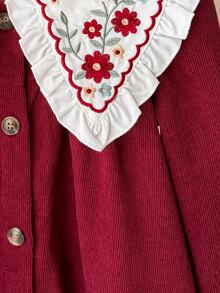 Young Girl Woven Colorblock Peter Pan Collar Ruffle Embroidered Casual Dress - Burgundy - View 7