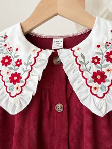 Young Girl Woven Colorblock Peter Pan Collar Ruffle Embroidered Casual Dress - Burgundy - View 6