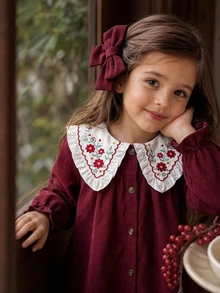 Young Girl Woven Colorblock Peter Pan Collar Ruffle Embroidered Casual Dress - Burgundy - View 2