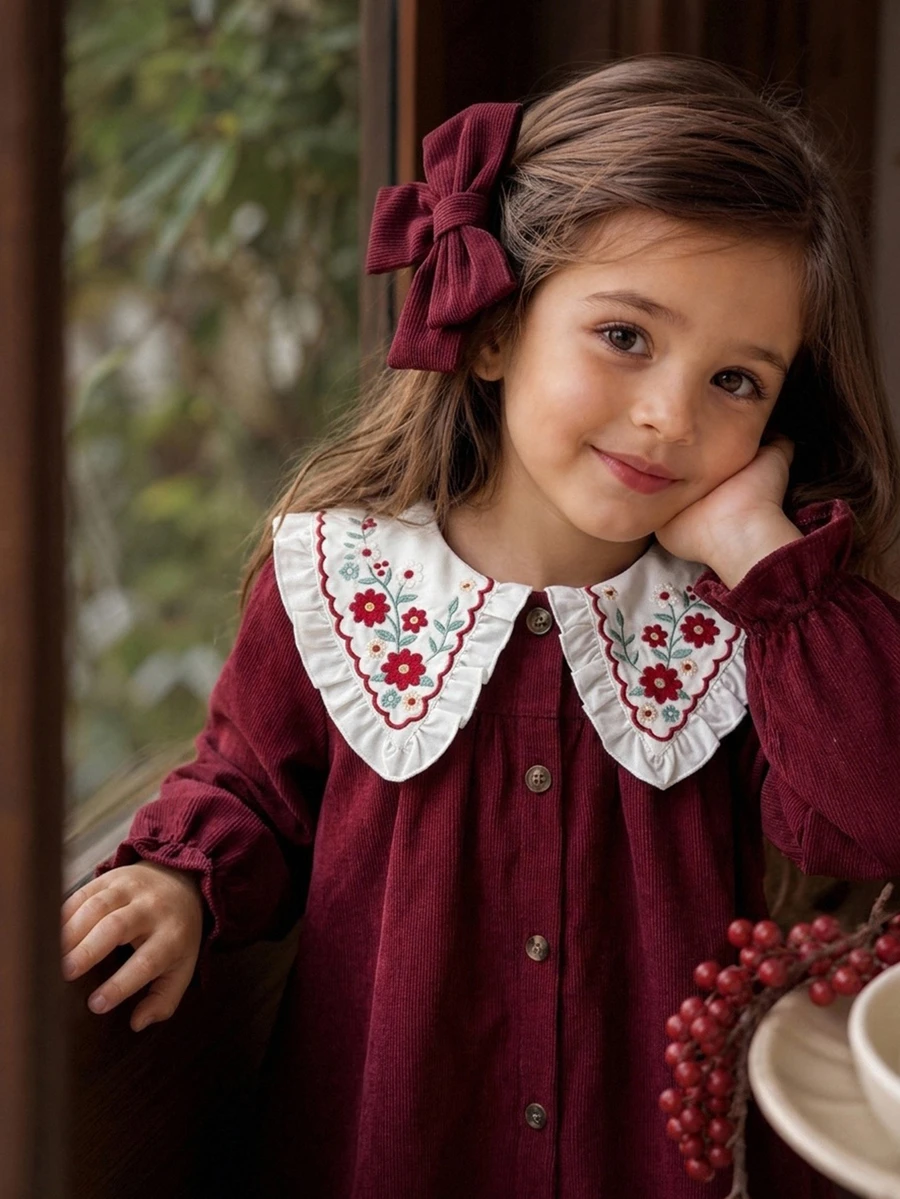 Young Girl Woven Colorblock Peter Pan Collar Ruffle Embroidered Casual Dress - Burgundy - View 1