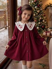 Young Girl Woven Colorblock Peter Pan Collar Ruffle Embroidered Casual Dress - Burgundy - View 1