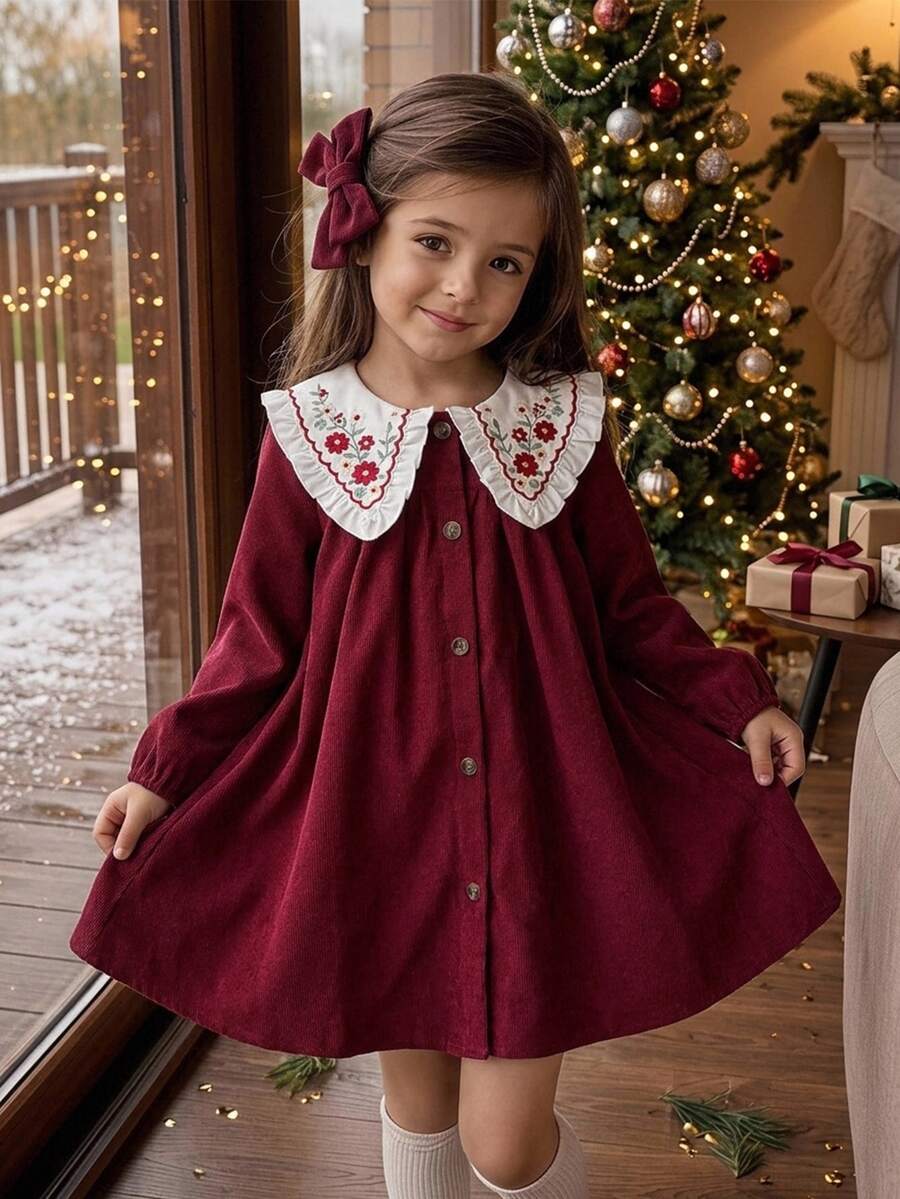 Young Girl Woven Colorblock Peter Pan Collar Ruffle Embroidered Casual Dress - Burgundy - View 1