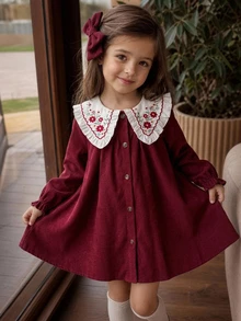Young Girl Woven Colorblock Peter Pan Collar Ruffle Embroidered Casual Dress - Burgundy - View 3