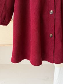 Young Girl Woven Colorblock Peter Pan Collar Ruffle Embroidered Casual Dress - Burgundy - View 9