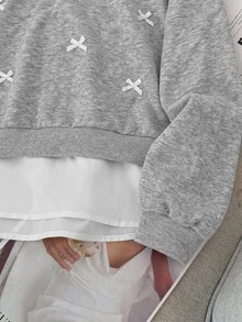 SHEIN Teen Girls Sweatshirts With Shirt Collar Patchwork, Bow Decor, Pullover Long Sleeve Elastic Sweatshirt In Fall/Winter - Grey - View 5