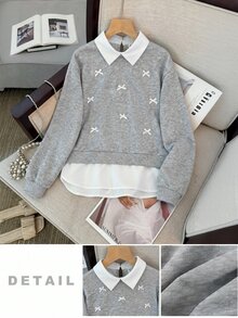SHEIN Teen Girls Sweatshirts With Shirt Collar Patchwork, Bow Decor, Pullover Long Sleeve Elastic Sweatshirt In Fall/Winter - Grey - View 10