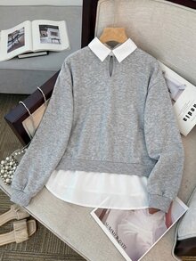 SHEIN Teen Girls Sweatshirts With Shirt Collar Patchwork, Bow Decor, Pullover Long Sleeve Elastic Sweatshirt In Fall/Winter - Grey - View 2