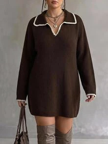 SHEIN CURVE+ Women's Plus-Size Baggy Color-Block Knit Pullover Dress (V-Neck/Fold-Over Collar) For Fall Work Party Graduation Formal Office Holiday Christma - Chocolate Brown - View 5