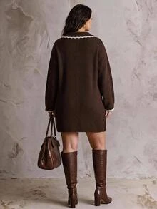 SHEIN CURVE+ Women's Plus-Size Baggy Color-Block Knit Pullover Dress (V-Neck/Fold-Over Collar) For Fall Work Party Graduation Formal Office Holiday Christma - Chocolate Brown - View 2
