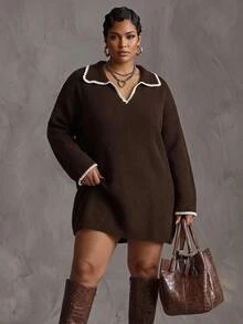 SHEIN CURVE+ Women's Plus-Size Baggy Color-Block Knit Pullover Dress (V-Neck/Fold-Over Collar) For Fall Work Party Graduation Formal Office Holiday Christma - Chocolate Brown - View 4