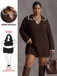 SHEIN CURVE+ Women's Plus-Size Baggy Color-Block Knit Pullover Dress (V-Neck/Fold-Over Collar) For Fall Work Party Graduation Formal Office Holiday Christma - Chocolate Brown - View 6