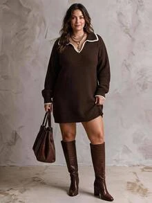 SHEIN CURVE+ Women's Plus-Size Baggy Color-Block Knit Pullover Dress (V-Neck/Fold-Over Collar) For Fall Work Party Graduation Formal Office Holiday Christma - Chocolate Brown - View 3