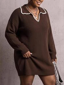 SHEIN CURVE+ Women's Plus-Size Baggy Color-Block Knit Pullover Dress (V-Neck/Fold-Over Collar) For Fall Work Party Graduation Formal Office Holiday Christma - Chocolate Brown - View 1