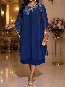 Fleurora Plus Size Elegant Party Cocktail Formal Evening Cover-Up Dress Navy Blue 2 Pieces Set Fashionable Social Wedding Dresses For Women Fall New Year - Navy Blue - View 3