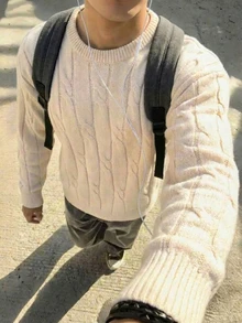 SWAVVY Men's Casual Versatile Crew Neck Long Sleeve Pullover Sweater, Y2k Cable Knit Sweater, For Autumn/Winter Outings, For Spring - Apricot - View 2