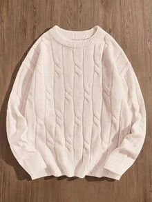SWAVVY Men's Casual Versatile Crew Neck Long Sleeve Pullover Sweater, Y2k Cable Knit Sweater, For Autumn/Winter Outings, For Spring - Apricot - View 1