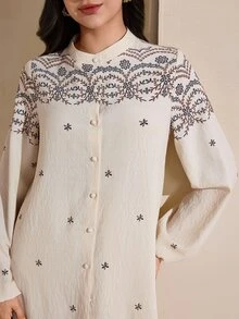 Graceveil Retro Embroidered Loose Jacket & Long Pants Women's Arabic Style Outfit - Apricot - View 7