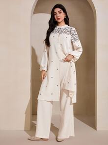 Graceveil Retro Embroidered Loose Jacket & Long Pants Women's Arabic Style Outfit - Apricot - View 4