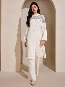 Graceveil Retro Embroidered Loose Jacket & Long Pants Women's Arabic Style Outfit - Apricot - View 3