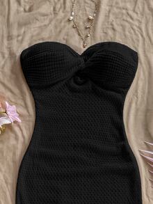 Soleia Women's Summer Vacation Solid Color Front Twist Bandeau Dress No Chest Padding - Black - View 7