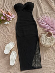 Soleia Women's Summer Vacation Solid Color Front Twist Bandeau Dress No Chest Padding - Black - View 1