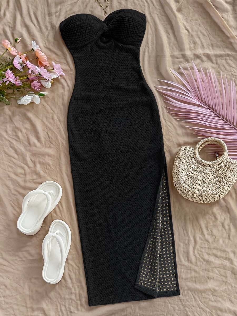 Soleia Women's Summer Vacation Solid Color Front Twist Bandeau Dress No Chest Padding - Black - View 1