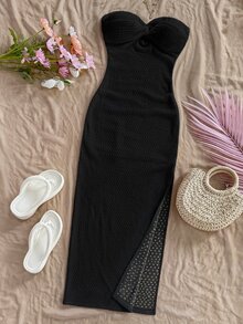 Soleia Women's Summer Vacation Solid Color Front Twist Bandeau Dress No Chest Padding - Black - View 3