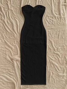 Soleia Women's Summer Vacation Solid Color Front Twist Bandeau Dress No Chest Padding - Black - View 2