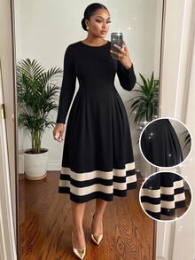 SHEIN Lady CURVE Plus Size Versatile Black Colorblock Long Sleeve Dress Party Office Formal Elegant - Black and White - View 1