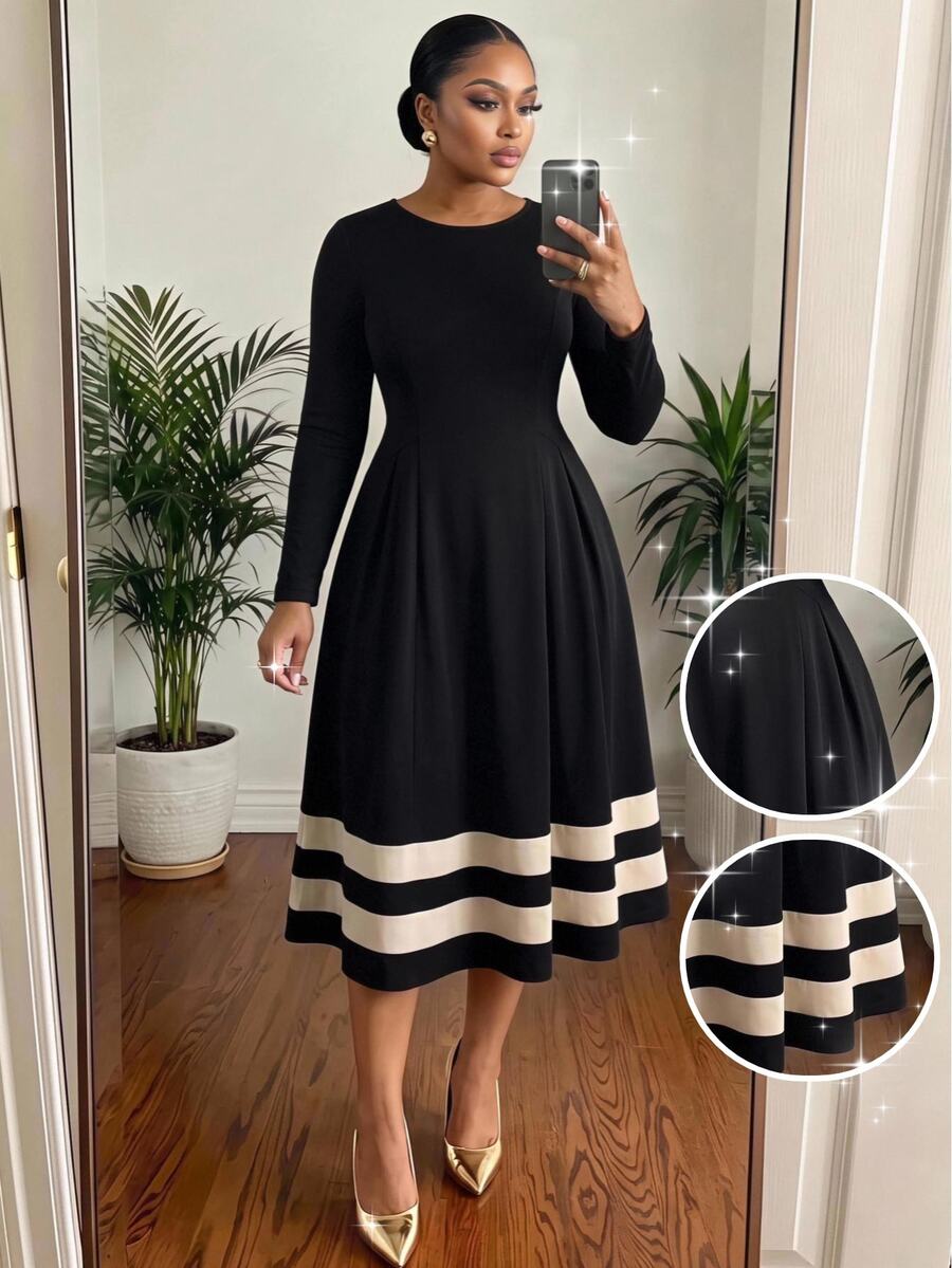 SHEIN Lady CURVE Plus Size Versatile Black Colorblock Long Sleeve Dress Party Office Formal Elegant - Black and White - View 1
