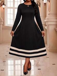 SHEIN Lady CURVE Plus Size Versatile Black Colorblock Long Sleeve Dress Party Office Formal Elegant - Black and White - View 6