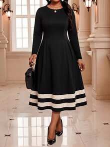 SHEIN Lady CURVE Plus Size Versatile Black Colorblock Long Sleeve Dress Party Office Formal Elegant - Black and White - View 5