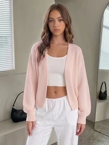 SHEIN 青少年女孩純色休閒百搭日常長袖冬季開襟衫 告別白 秋季 - 粉色 - 查看 4