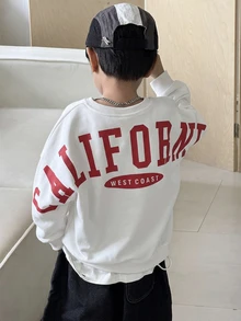 SHEIN 男嬰寬鬆圓領落肩袖抓絨套頭衛衣，大字母印花，適合秋冬冬季 - 彩色 - 查看 3